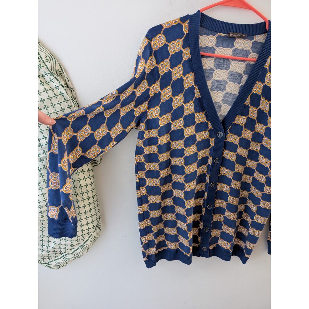 J McLaughlin Kristyn Cardigan Navy Gold Chain Print‎ Cotton Modal - Picture 3 of 9